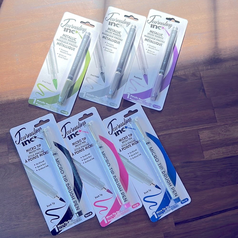3 micro tip brush pens 3 metallic brush markers pink blue green purple silver bl